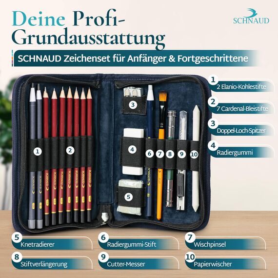 SCHNAUD Zeichenset professionell mit Online-Kurs – Bleistift Zeichenset & Zeichenzubehör zum Zeichnen lernen
