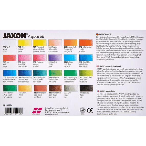 Honsell 49424 - Jaxon Aquarell Wachspastellkreide, wasservermalbar, 24er Set im Kartonetui, hohe Farbbrillanz, satter Farbaufstrich, für Künstler, Hobbymaler, Kunstunterricht
