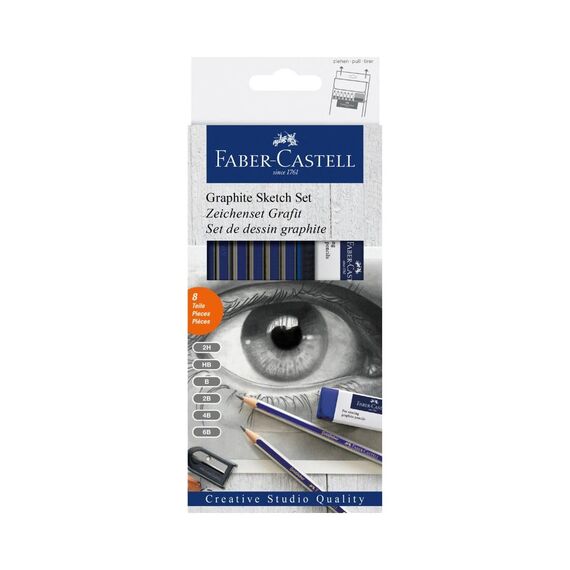 Faber-Castell 114000 - Graphite Sketch Set, 8-teilig, mit 6 Goldfaber Bleistifte, 1 Spitzer, 1 Radierer