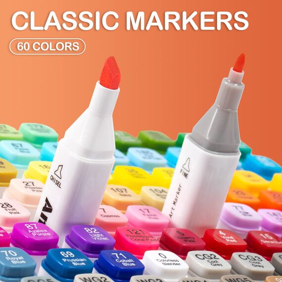 AnyMark Alkohol Marker, 60 Farben Marker Stifte Set, Twin Tip Künstler Stifte Set zum Zeichnen, Ausmalen und Skizzieren, Meißel- & Feinspitzen