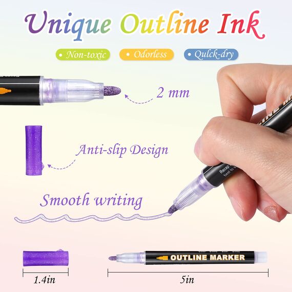 Mzh Art Double Line Metallic Markers 24 Farben Outline Stifte Glitzerstifte für die Gestaltung Ihrer eigenen Fotoalbum, Gästebuch, Scrapbook