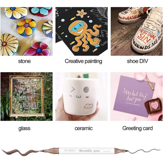 GC 12 Farben Metallischer Marker mit Fein und Pinselspitze für Sammelalbum und Keramik GC-M12