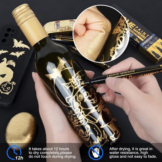 KERIFI Kunst Flüssige Gold-Chrom-Marker, Reflektierender Glanz Metallic stifte Set, Goldener Spiegelmarker Permanent, Lackstift für Modellmetall Kunststoff Glas DIY Handwerk (0,7/1/3mm)