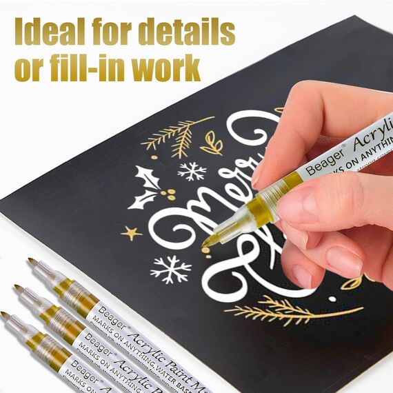 Beager Schwarz Weiß Gold Silber Acrylstifte, 0,7mm Permanent Marker Stifte Wasserfest Lackstift Acrylfarben Stifte Steine Bemalen Stifte für Holz Leinwand Keramik Metall Papier Glas Kunststoff 4Pcs
