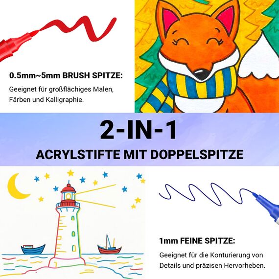 AOSUCO 24 Farben Acrylstifte für Holz Bemalen, Dual Tip Holz Beschriften Stift Acrylmarker für Steine, Glas, Keramik, Leinwand, Stifte für Kinder Ostereier zum Bemalen