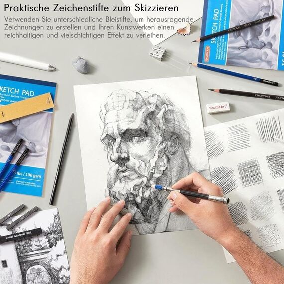 Shuttle Art Zeichenset, 52-teiliges professionelles Zeichenstifte Set, Malset mit Graphitstift, Kohlestift, Skizzenbuch, Handtasche mit Reißverschluss, für Erwachsene und Kinder geeignet