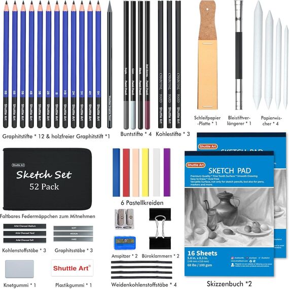 Shuttle Art Zeichenset, 52-teiliges professionelles Zeichenstifte Set, Malset mit Graphitstift, Kohlestift, Skizzenbuch, Handtasche mit Reißverschluss, für Erwachsene und Kinder geeignet