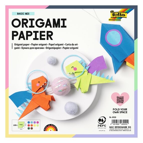 folia 8920 - Faltblätter 20 x 20 cm, 70 g/qm, 100 Blatt sortiert in 10 intensiven Farben - ideal zum Papierfalten und für andere kreative Bastelarbeiten