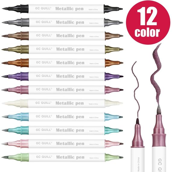 GC 12 Farben Metallischer Marker mit Fein und Pinselspitze für Sammelalbum und Keramik GC-M12