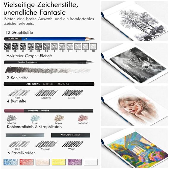 Shuttle Art Zeichenset, 52-teiliges professionelles Zeichenstifte Set, Malset mit Graphitstift, Kohlestift, Skizzenbuch, Handtasche mit Reißverschluss, für Erwachsene und Kinder geeignet