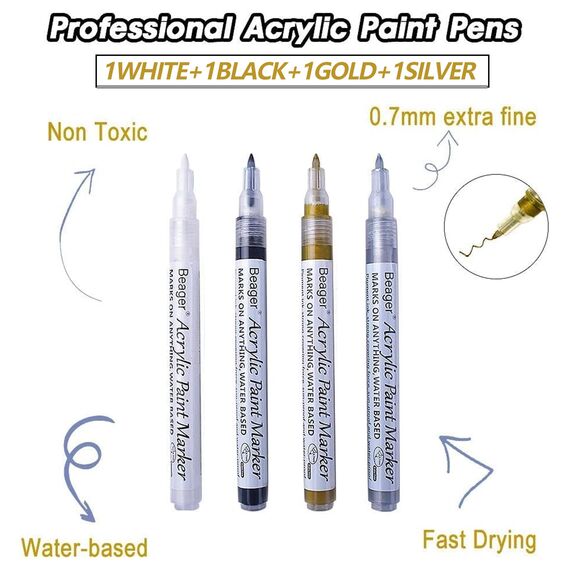 Beager Schwarz Weiß Gold Silber Acrylstifte, 0,7mm Permanent Marker Stifte Wasserfest Lackstift Acrylfarben Stifte Steine Bemalen Stifte für Holz Leinwand Keramik Metall Papier Glas Kunststoff 4Pcs