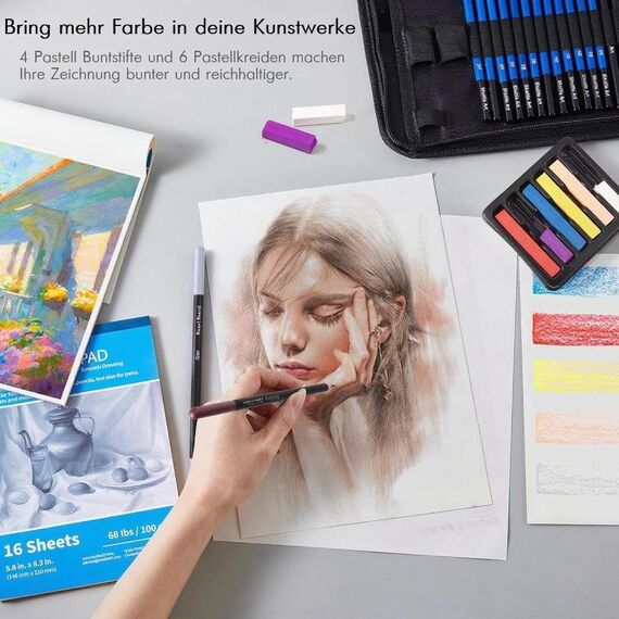 Shuttle Art Zeichenset, 52-teiliges professionelles Zeichenstifte Set, Malset mit Graphitstift, Kohlestift, Skizzenbuch, Handtasche mit Reißverschluss, für Erwachsene und Kinder geeignet