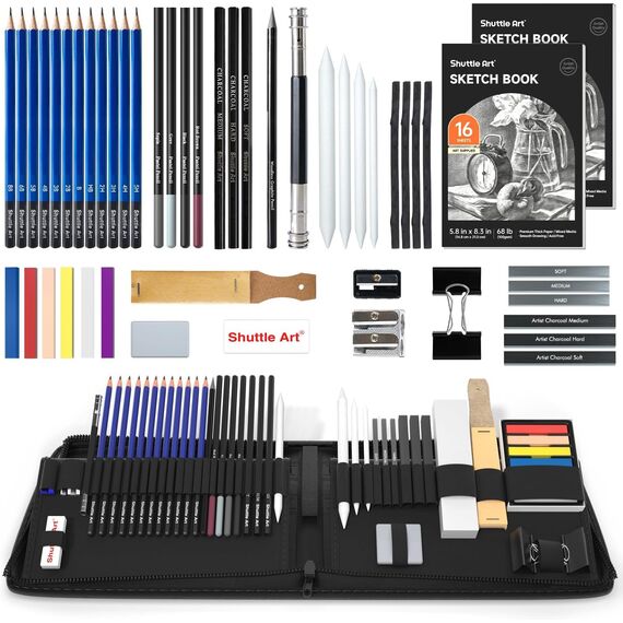 Shuttle Art Zeichenset, 52-teiliges professionelles Zeichenstifte Set, Malset mit Graphitstift, Kohlestift, Skizzenbuch, Handtasche mit Reißverschluss, für Erwachsene und Kinder geeignet