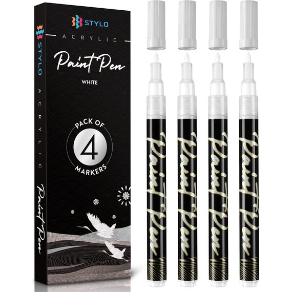 Stylo 4 Stück Metallic Marker Stifte Set – Weiß, permanente Acrylmarker, Stift für Glas, Keramik, Steinmalerei, Kunsthandwerk für Erwachsene