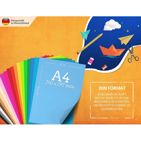 100 Blatt TONPAPIER - Buntes Papier DIN A4-130g/m² Set 20 Farben – Stabil Bastelpapier & Farbige Blätter, Kinder & DIY Bogen, Zubehör zum Basteln - BLAUER ENGEL & PEFC zertifiziert