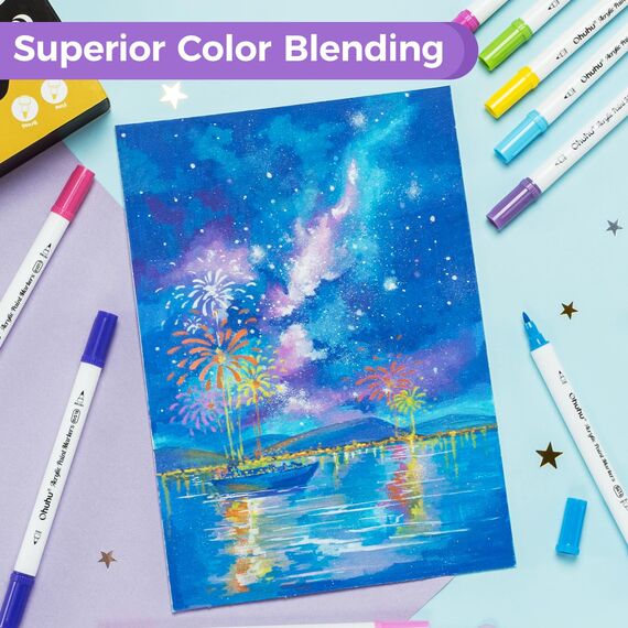 Ohuhu Acrylstifte, 36 Farben Acrylic Marker mit feiner und Pinselspitze(Doppelspitze) - Wasserfest, Lichtechte, hoher Deckkraft Acrylstifte Set für Steine Bemalen Ostereier Holz Glas Keramik Leinwand