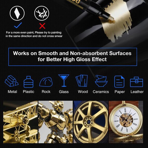 KERIFI Kunst Flüssige Gold-Chrom-Marker, Reflektierender Glanz Metallic stifte Set, Goldener Spiegelmarker Permanent, Lackstift für Modellmetall Kunststoff Glas DIY Handwerk (0,7/1/3mm)