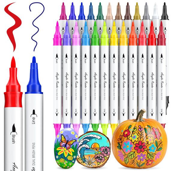 AOSUCO 24 Farben Acrylstifte für Holz Bemalen, Dual Tip Holz Beschriften Stift Acrylmarker für Steine, Glas, Keramik, Leinwand, Stifte für Kinder Ostereier zum Bemalen