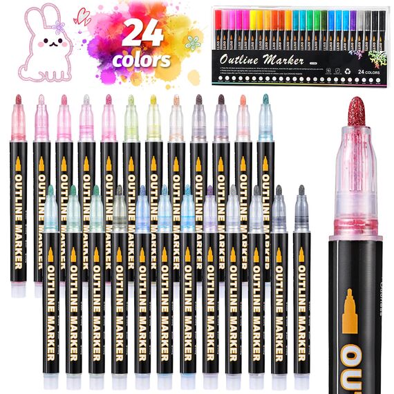 Mzh Art Double Line Metallic Markers 24 Farben Outline Stifte Glitzerstifte für die Gestaltung Ihrer eigenen Fotoalbum, Gästebuch, Scrapbook