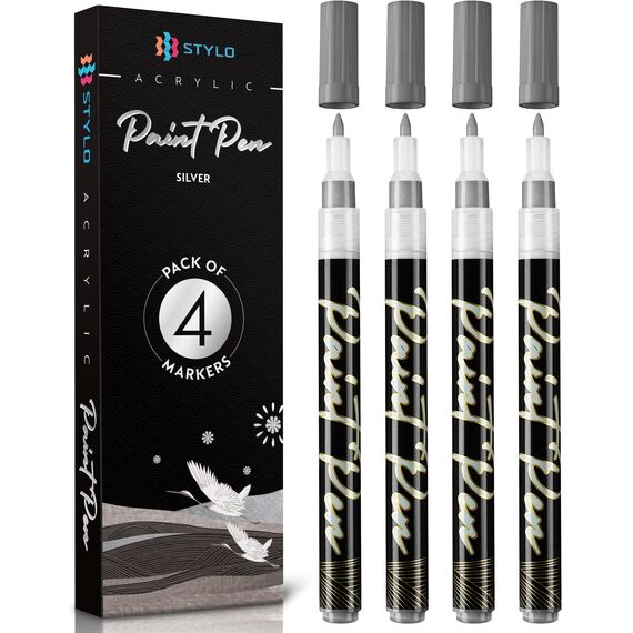 Stylo 4 Stück Metallic Marker Stifte Set – Silber, permanente Acrylmarker, Stift für Glas, Keramik, Steinmalerei, Kunsthandwerk für Erwachsene
