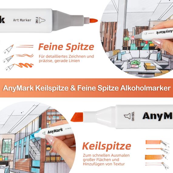 AnyMark Alkohol Marker, 168 Farben Marker Stifte Set, Twin Tip Künstler Stifte Set zum Zeichnen, Ausmalen und Skizzieren, Meißel- & Feinspitzen
