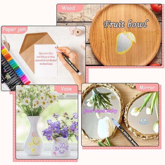 Mzh Art Double Line Metallic Markers 24 Farben Outline Stifte Glitzerstifte für die Gestaltung Ihrer eigenen Fotoalbum, Gästebuch, Scrapbook