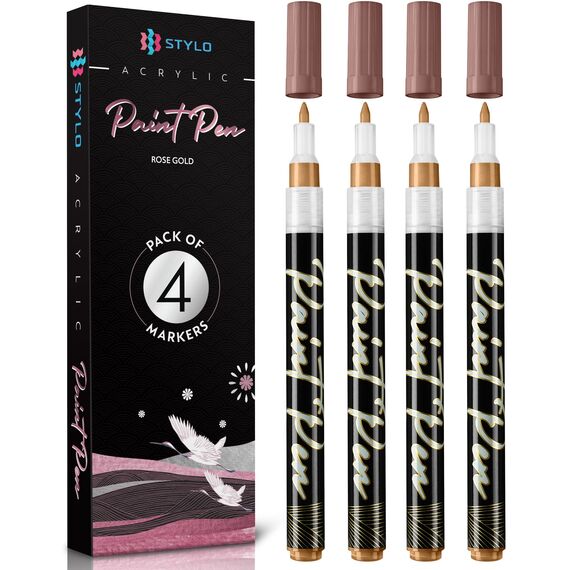Stylo 4 Stück Metallic Marker Stifte Set – Roségold, permanente Acrylmarker, Stift für Glas, Keramik, Steinmalerei, Kunsthandwerk für Erwachsene