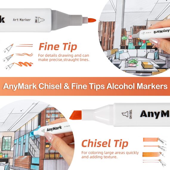 AnyMark Alkohol Marker, 60 Farben Marker Stifte Set, Twin Tip Künstler Stifte Set zum Zeichnen, Ausmalen und Skizzieren, Meißel- & Feinspitzen