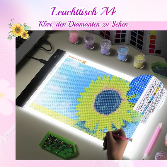 Guiseapue Leuchttisch A4 für Diamond Painting Zubehör: Einstellbare Helligkeit Diamant Painting Erwachsene, Kinder Leuchtkasten Copy Board, Light Pad für Skizzieren Animation Malen Zeichnen Designen