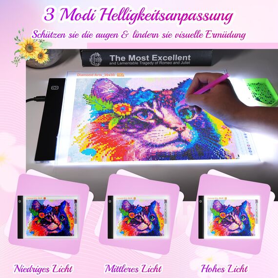 Guiseapue Leuchttisch A4 für Diamond Painting Zubehör: Einstellbare Helligkeit Diamant Painting Erwachsene, Kinder Leuchtkasten Copy Board, Light Pad für Skizzieren Animation Malen Zeichnen Designen
