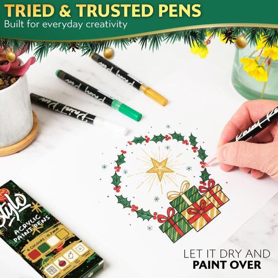 Stylo Marker Stifte Set für Weihnachten Deko und Geschenktüten Weihnachten, Weiß, Rot, Gold, Grün - Perfekt für Kreative Weihnachtsgestaltungen und Bastelprojekte