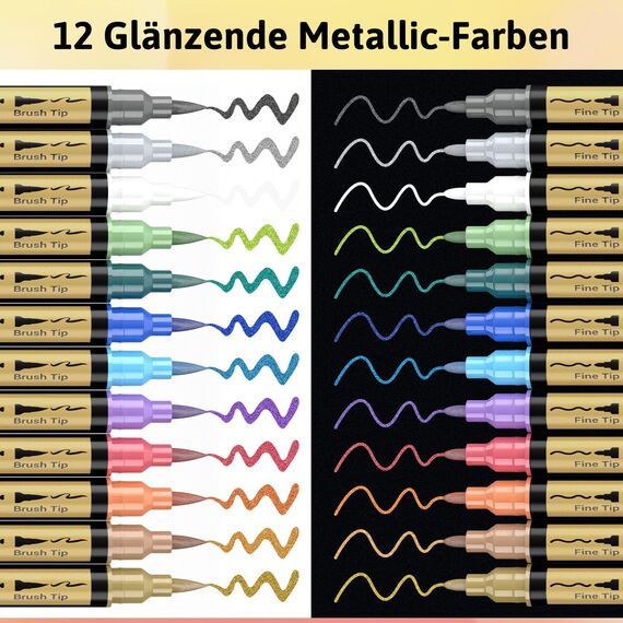 KERIFI Metallic Stifte - 12 Farben Dual Tip Metallic Marker Stifte Set für Gästebuch Hochzeit, Fotoalbum zum Selbstgestalten, Scrapbook Zubehör, Papier, Glitzerstifte für Steine, Holz, Glas, Keramik