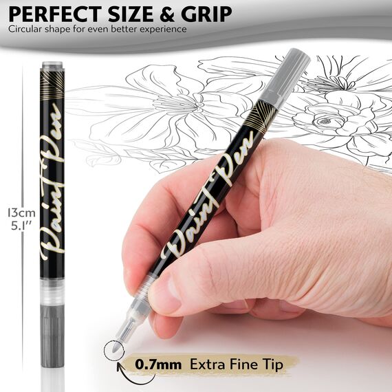 Stylo 4 Stück Metallic Marker Stifte Set – Silber, permanente Acrylmarker, Stift für Glas, Keramik, Steinmalerei, Kunsthandwerk für Erwachsene