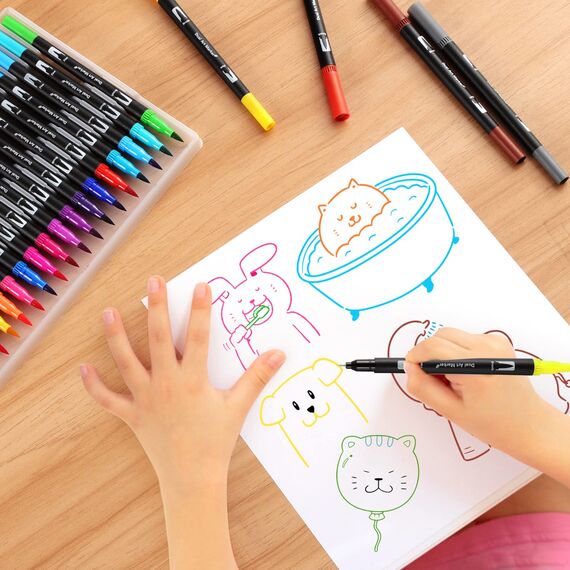 Mzh Art Dual Brush Pen Set 24 Farben Doppelfilzstifte, Malstifte für Kinder und Erwachsene, Faserschreiber und Fineliner Set für Aquarelle, Handlettering Mandala Kalligraphie Manga, 0.4 &1-2mm