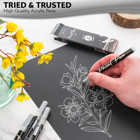 Stylo 4 Stück Metallic Marker Stifte Set – Silber, permanente Acrylmarker, Stift für Glas, Keramik, Steinmalerei, Kunsthandwerk für Erwachsene