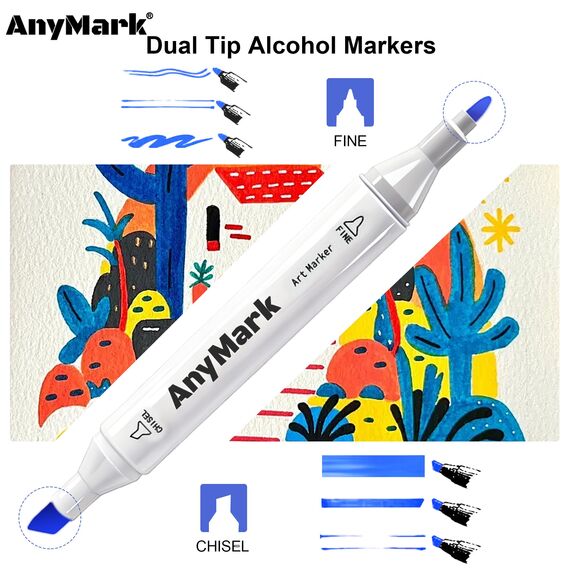 AnyMark Alkohol Marker, 100 Farben Marker Stifte Set, Twin Tip Künstler Stifte Set zum Zeichnen, Ausmalen und Skizzieren, Meißel- & Feinspitzen