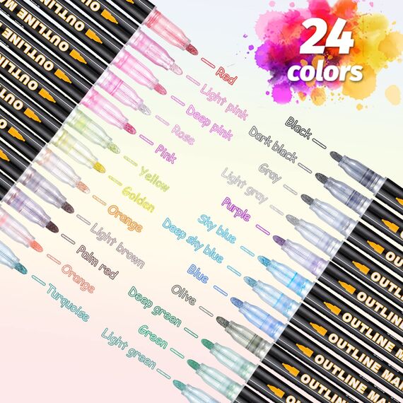 Mzh Art Double Line Metallic Markers 24 Farben Outline Stifte Glitzerstifte für die Gestaltung Ihrer eigenen Fotoalbum, Gästebuch, Scrapbook