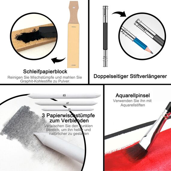 KALOUR 76-teiliges Zeichen- und Skizzierkit-Set: Künstlerbedarf mit Skizzenbuch, Aquarellpapier, Anleitung, Buntstiften, Aquarellfarben, Graphit-, Pastell- und Kohlebleistiften für Künstler,Anfänger