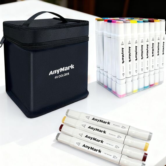 AnyMark Alkohol Marker, 100 Farben Marker Stifte Set, Twin Tip Künstler Stifte Set zum Zeichnen, Ausmalen und Skizzieren, Meißel- & Feinspitzen