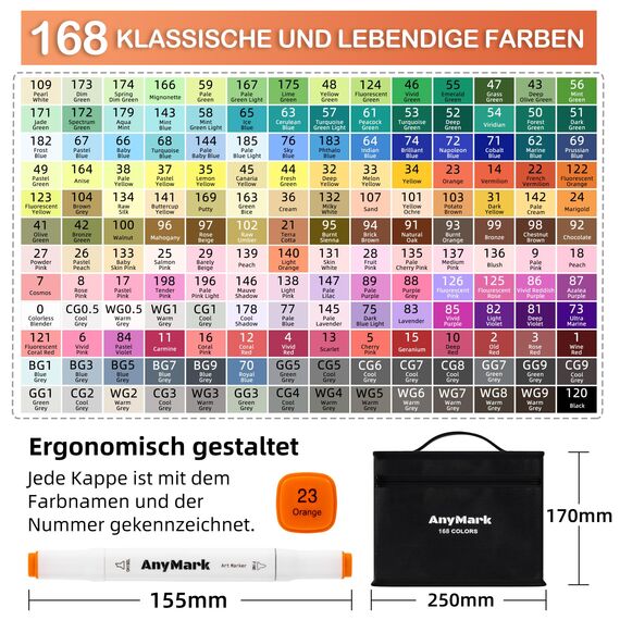 AnyMark Alkohol Marker, 168 Farben Marker Stifte Set, Twin Tip Künstler Stifte Set zum Zeichnen, Ausmalen und Skizzieren, Meißel- & Feinspitzen