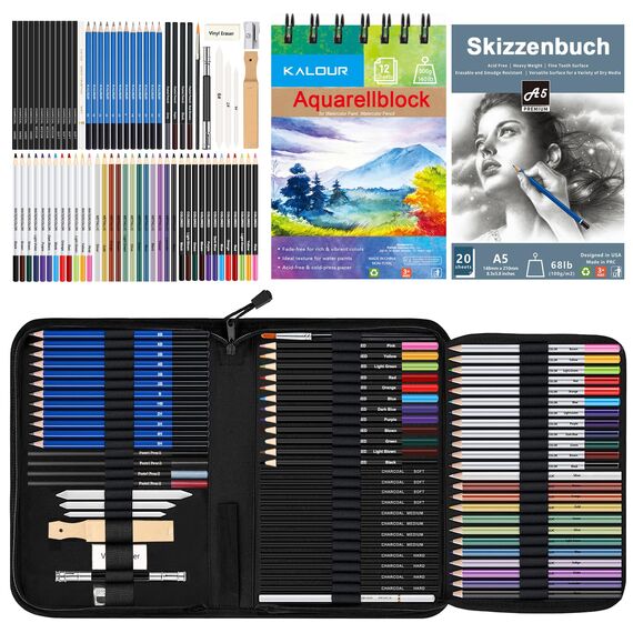 KALOUR 76-teiliges Zeichen- und Skizzierkit-Set: Künstlerbedarf mit Skizzenbuch, Aquarellpapier, Anleitung, Buntstiften, Aquarellfarben, Graphit-, Pastell- und Kohlebleistiften für Künstler,Anfänger