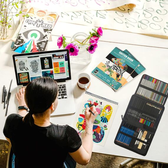 KALOUR 76-teiliges Zeichen- und Skizzierkit-Set: Künstlerbedarf mit Skizzenbuch, Aquarellpapier, Anleitung, Buntstiften, Aquarellfarben, Graphit-, Pastell- und Kohlebleistiften für Künstler,Anfänger