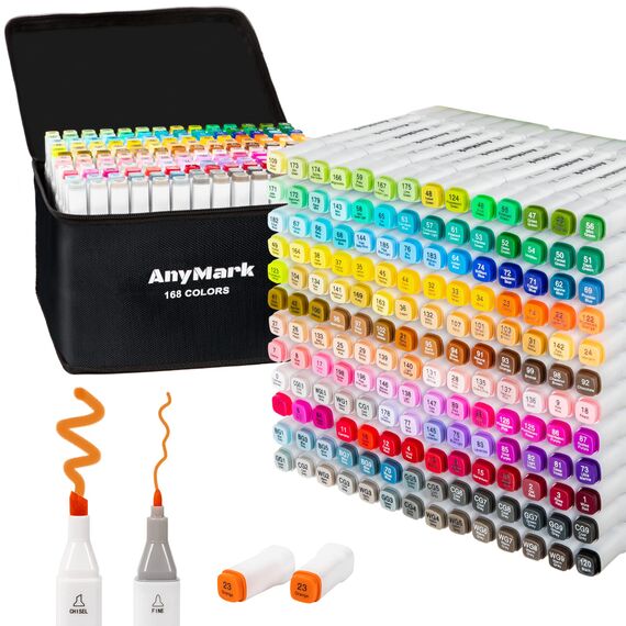 AnyMark Alkohol Marker, 168 Farben Marker Stifte Set, Twin Tip Künstler Stifte Set zum Zeichnen, Ausmalen und Skizzieren, Meißel- & Feinspitzen
