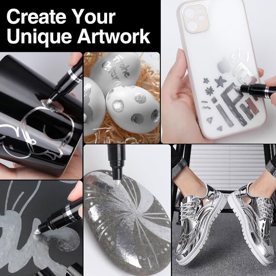 KERIFI Silber Marker Dauerhaft Kunst Flüssig-Chrom-Marker-Set, Reflektierende, glänzende Metallic-Spiegelmarkierungen, Lackstift für Modellmetall Kunststoff Glas DIY Handwerk (0,7/1/3mm)