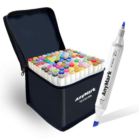 AnyMark Alkohol Marker, 100 Farben Marker Stifte Set, Twin Tip Künstler Stifte Set zum Zeichnen, Ausmalen und Skizzieren, Meißel- & Feinspitzen