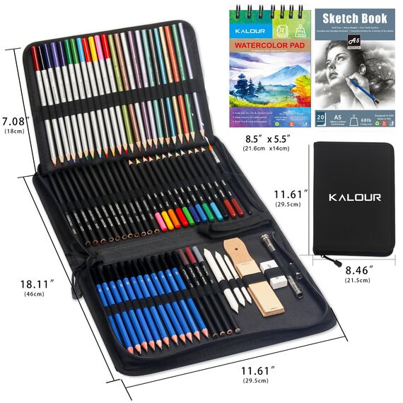KALOUR 76-teiliges Zeichen- und Skizzierkit-Set: Künstlerbedarf mit Skizzenbuch, Aquarellpapier, Anleitung, Buntstiften, Aquarellfarben, Graphit-, Pastell- und Kohlebleistiften für Künstler,Anfänger