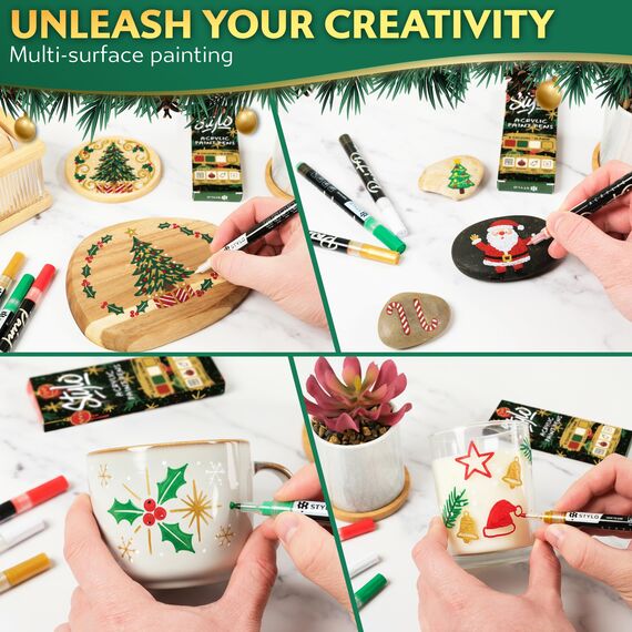 Stylo Marker Stifte Set für Weihnachten Deko und Geschenktüten Weihnachten, Weiß, Rot, Gold, Grün - Perfekt für Kreative Weihnachtsgestaltungen und Bastelprojekte