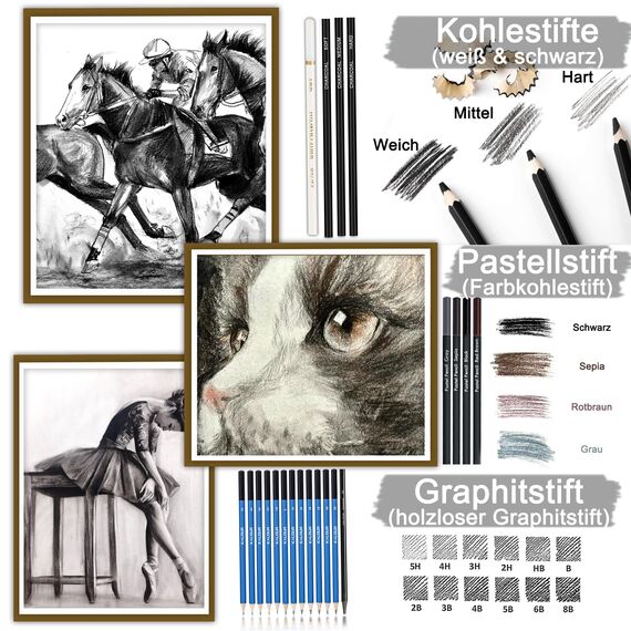 KALOUR 76-teiliges Zeichen- und Skizzierkit-Set: Künstlerbedarf mit Skizzenbuch, Aquarellpapier, Anleitung, Buntstiften, Aquarellfarben, Graphit-, Pastell- und Kohlebleistiften für Künstler,Anfänger