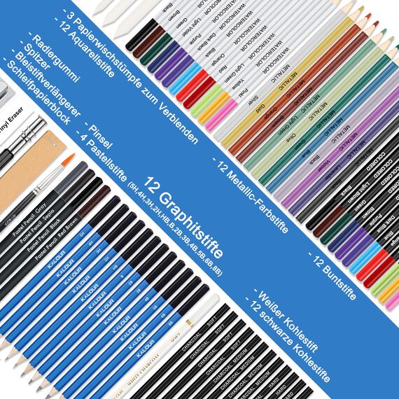 KALOUR 76-teiliges Zeichen- und Skizzierkit-Set: Künstlerbedarf mit Skizzenbuch, Aquarellpapier, Anleitung, Buntstiften, Aquarellfarben, Graphit-, Pastell- und Kohlebleistiften für Künstler,Anfänger
