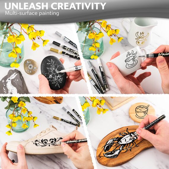 Stylo 4 Stück Metallic Marker Stifte Set – Weiß, permanente Acrylmarker, Stift für Glas, Keramik, Steinmalerei, Kunsthandwerk für Erwachsene